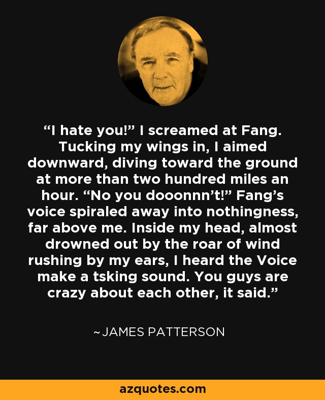 I hate you!” I screamed at Fang. Tucking my wings in, I aimed downward, diving toward the ground at more than two hundred miles an hour. “No you dooonnn’t!” Fang’s voice spiraled away into nothingness, far above me. Inside my head, almost drowned out by the roar of wind rushing by my ears, I heard the Voice make a tsking sound. You guys are crazy about each other, it said. - James Patterson