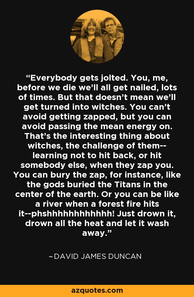 Everybody gets jolted. You, me, before we die we’ll all get nailed, lots of times. But that doesn’t mean we’ll get turned into witches. You can’t avoid getting zapped, but you can avoid passing the mean energy on. That’s the interesting thing about witches, the challenge of them-- learning not to hit back, or hit somebody else, when they zap you. You can bury the zap, for instance, like the gods buried the Titans in the center of the earth. Or you can be like a river when a forest fire hits it--phshhhhhhhhhhhh! Just drown it, drown all the heat and let it wash away. - David James Duncan