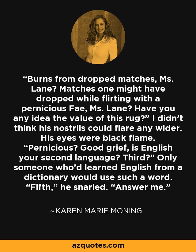 Burns from dropped matches, Ms. Lane? Matches one might have dropped while flirting with a pernicious Fae, Ms. Lane? Have you any idea the value of this rug?” I didn’t think his nostrils could flare any wider. His eyes were black flame. “Pernicious? Good grief, is English your second language? Third?” Only someone who’d learned English from a dictionary would use such a word. “Fifth,” he snarled. “Answer me. - Karen Marie Moning