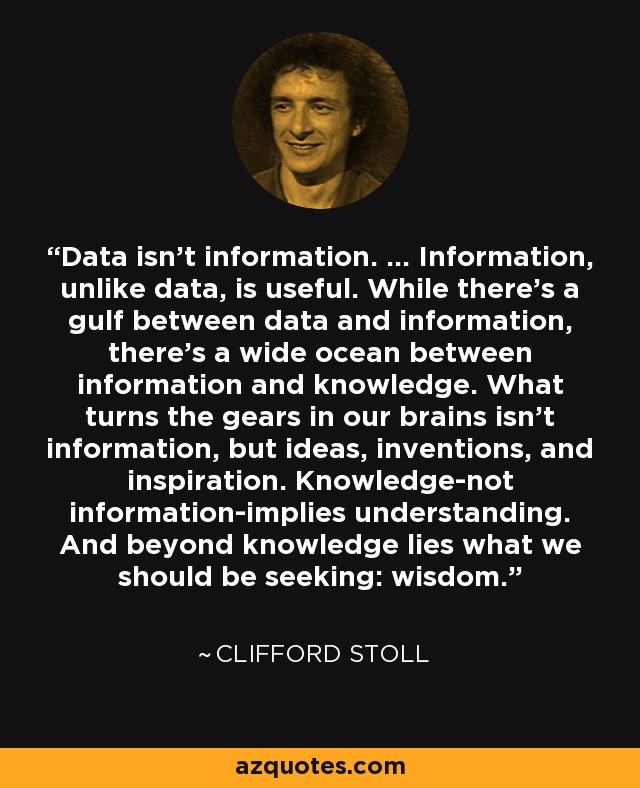 Data isn't information. ... Information, unlike data, is useful. While there's a gulf between data and information, there's a wide ocean between information and knowledge. What turns the gears in our brains isn't information, but ideas, inventions, and inspiration. Knowledge-not information-implies understanding. And beyond knowledge lies what we should be seeking: wisdom. - Clifford Stoll