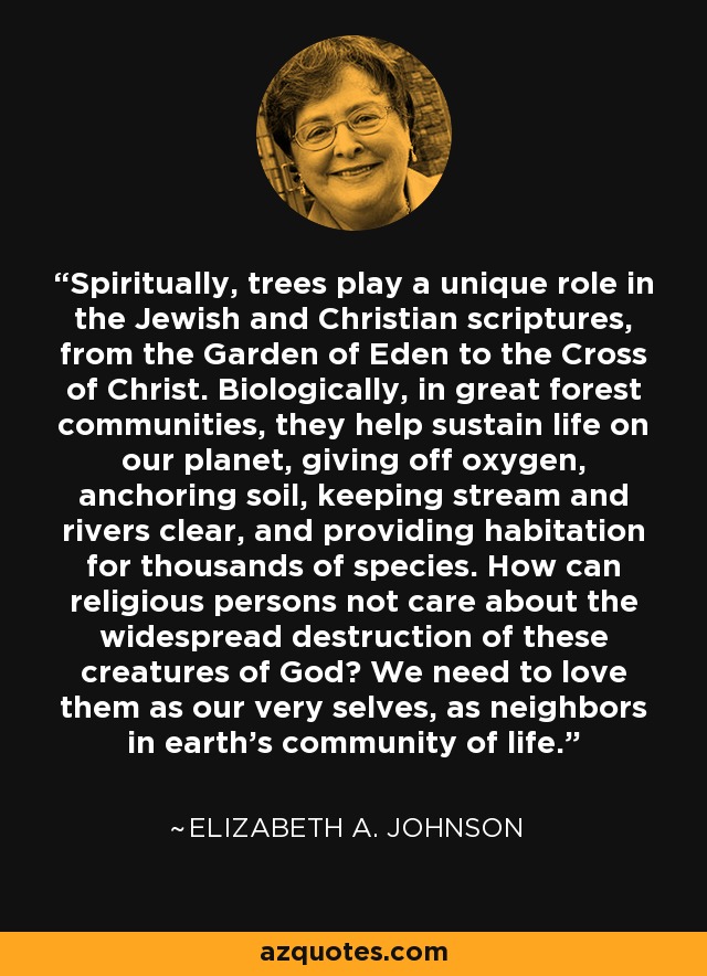 Spiritually, trees play a unique role in the Jewish and Christian scriptures, from the Garden of Eden to the Cross of Christ. Biologically, in great forest communities, they help sustain life on our planet, giving off oxygen, anchoring soil, keeping stream and rivers clear, and providing habitation for thousands of species. How can religious persons not care about the widespread destruction of these creatures of God? We need to love them as our very selves, as neighbors in earth's community of life. - Elizabeth A. Johnson