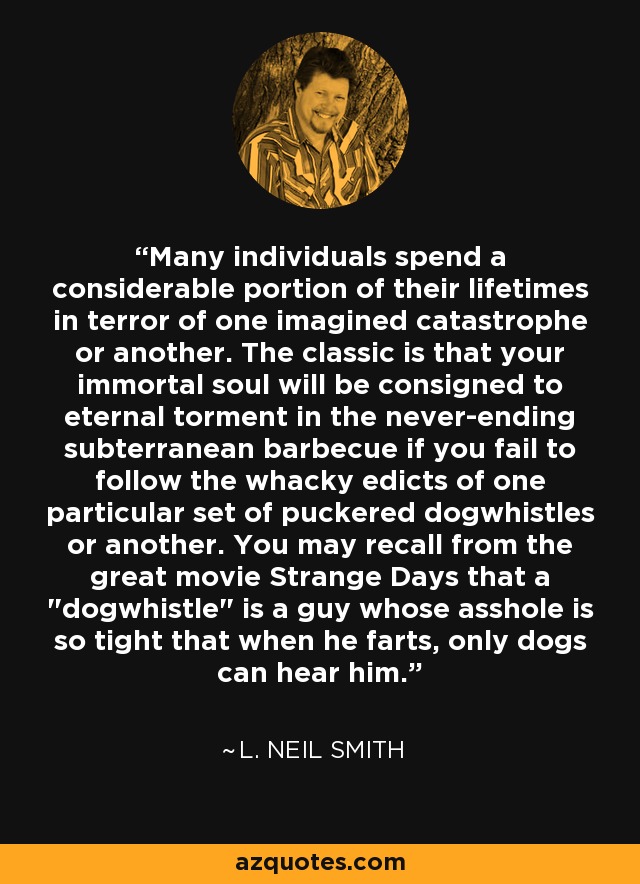 Many individuals spend a considerable portion of their lifetimes in terror of one imagined catastrophe or another. The classic is that your immortal soul will be consigned to eternal torment in the never-ending subterranean barbecue if you fail to follow the whacky edicts of one particular set of puckered dogwhistles or another. You may recall from the great movie Strange Days that a 