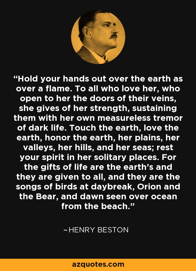 Hold your hands out over the earth as over a flame. To all who love her, who open to her the doors of their veins, she gives of her strength, sustaining them with her own measureless tremor of dark life. Touch the earth, love the earth, honor the earth, her plains, her valleys, her hills, and her seas; rest your spirit in her solitary places. For the gifts of life are the earth's and they are given to all, and they are the songs of birds at daybreak, Orion and the Bear, and dawn seen over ocean from the beach. - Henry Beston