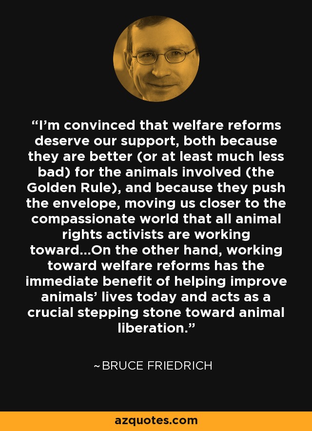 I'm convinced that welfare reforms deserve our support, both because they are better (or at least much less bad) for the animals involved (the Golden Rule), and because they push the envelope, moving us closer to the compassionate world that all animal rights activists are working toward...On the other hand, working toward welfare reforms has the immediate benefit of helping improve animals' lives today and acts as a crucial stepping stone toward animal liberation. - Bruce Friedrich