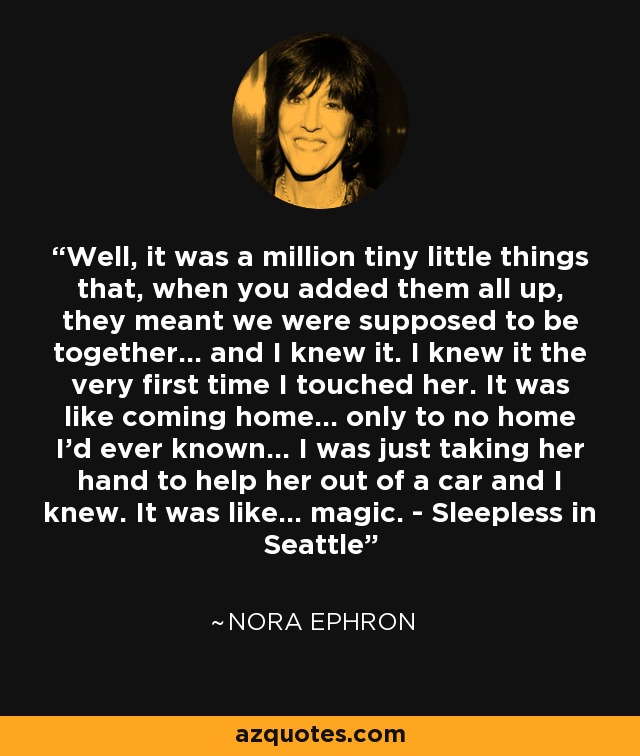 Well, it was a million tiny little things that, when you added them all up, they meant we were supposed to be together... and I knew it. I knew it the very first time I touched her. It was like coming home... only to no home I'd ever known... I was just taking her hand to help her out of a car and I knew. It was like... magic. - Sleepless in Seattle - Nora Ephron