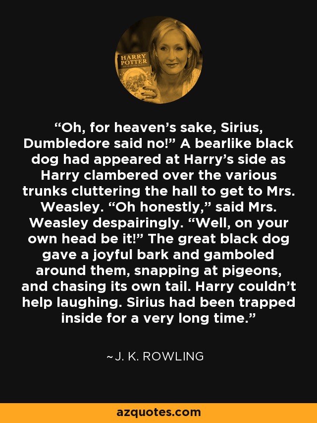 Oh, for heaven’s sake, Sirius, Dumbledore said no!” A bearlike black dog had appeared at Harry’s side as Harry clambered over the various trunks cluttering the hall to get to Mrs. Weasley. “Oh honestly,” said Mrs. Weasley despairingly. “Well, on your own head be it!” The great black dog gave a joyful bark and gamboled around them, snapping at pigeons, and chasing its own tail. Harry couldn’t help laughing. Sirius had been trapped inside for a very long time. - J. K. Rowling