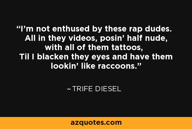 I'm not enthused by these rap dudes. All in they videos, posin' half nude, with all of them tattoos, Til I blacken they eyes and have them lookin' like raccoons. - Trife Diesel
