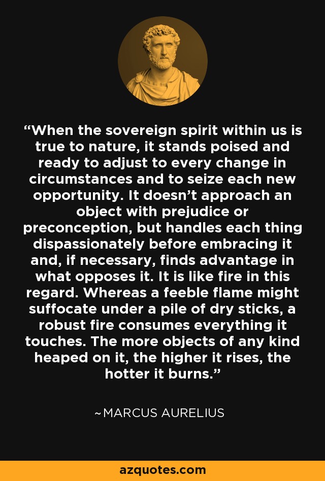 When the sovereign spirit within us is true to nature, it stands poised and ready to adjust to every change in circumstances and to seize each new opportunity. It doesn't approach an object with prejudice or preconception, but handles each thing dispassionately before embracing it and, if necessary, finds advantage in what opposes it. It is like fire in this regard. Whereas a feeble flame might suffocate under a pile of dry sticks, a robust fire consumes everything it touches. The more objects of any kind heaped on it, the higher it rises, the hotter it burns. - Marcus Aurelius