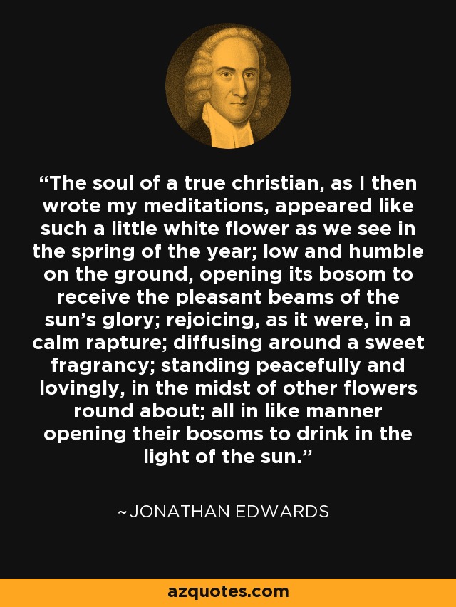 The soul of a true christian, as I then wrote my meditations, appeared like such a little white flower as we see in the spring of the year; low and humble on the ground, opening its bosom to receive the pleasant beams of the sun’s glory; rejoicing, as it were, in a calm rapture; diffusing around a sweet fragrancy; standing peacefully and lovingly, in the midst of other flowers round about; all in like manner opening their bosoms to drink in the light of the sun. - Jonathan Edwards