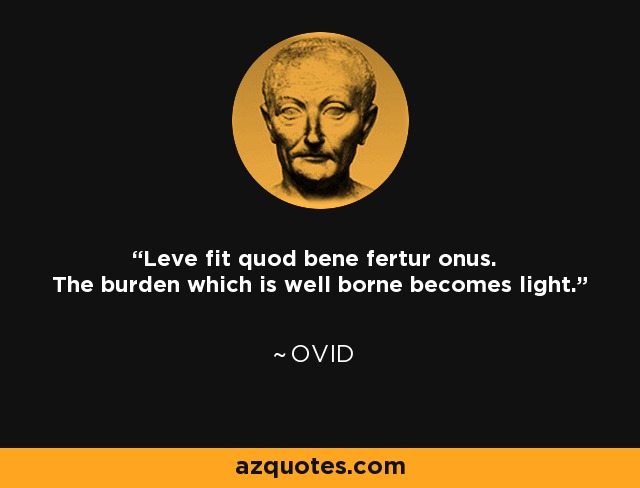 Leve fit quod bene fertur onus. The burden which is well borne becomes light. - Ovid