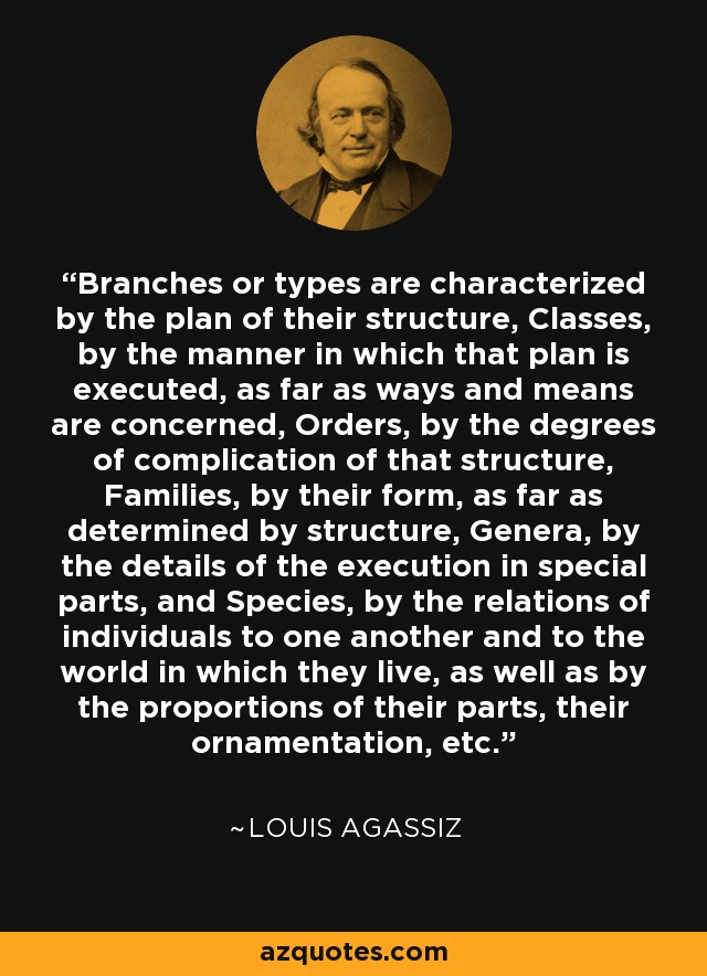 Branches or types are characterized by the plan of their structure, Classes, by the manner in which that plan is executed, as far as ways and means are concerned, Orders, by the degrees of complication of that structure, Families, by their form, as far as determined by structure, Genera, by the details of the execution in special parts, and Species, by the relations of individuals to one another and to the world in which they live, as well as by the proportions of their parts, their ornamentation, etc. - Louis Agassiz