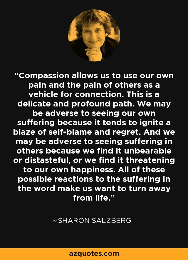 Compassion allows us to use our own pain and the pain of others as a vehicle for connection. This is a delicate and profound path. We may be adverse to seeing our own suffering because it tends to ignite a blaze of self-blame and regret. And we may be adverse to seeing suffering in others because we find it unbearable or distasteful, or we find it threatening to our own happiness. All of these possible reactions to the suffering in the word make us want to turn away from life. - Sharon Salzberg