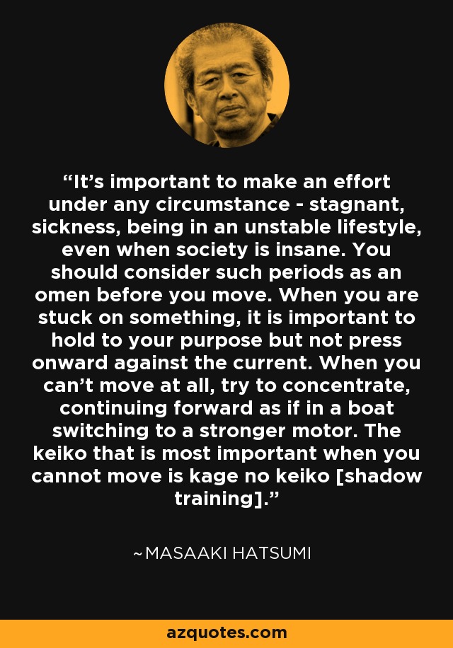 It's important to make an effort under any circumstance - stagnant, sickness, being in an unstable lifestyle, even when society is insane. You should consider such periods as an omen before you move. When you are stuck on something, it is important to hold to your purpose but not press onward against the current. When you can't move at all, try to concentrate, continuing forward as if in a boat switching to a stronger motor. The keiko that is most important when you cannot move is kage no keiko [shadow training]. - Masaaki Hatsumi