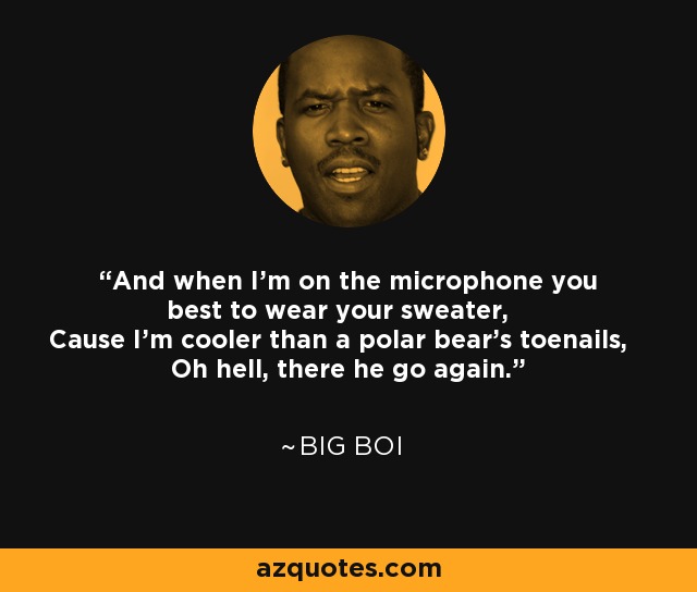 And when I'm on the microphone you best to wear your sweater, Cause I'm cooler than a polar bear's toenails, Oh hell, there he go again. - Big Boi