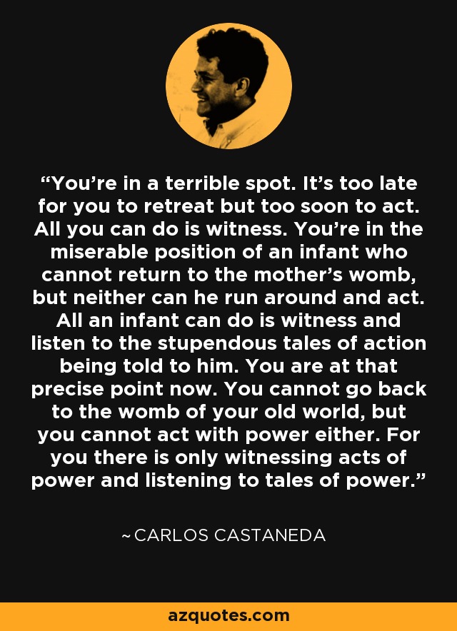 You're in a terrible spot. It's too late for you to retreat but too soon to act. All you can do is witness. You're in the miserable position of an infant who cannot return to the mother's womb, but neither can he run around and act. All an infant can do is witness and listen to the stupendous tales of action being told to him. You are at that precise point now. You cannot go back to the womb of your old world, but you cannot act with power either. For you there is only witnessing acts of power and listening to tales of power. - Carlos Castaneda