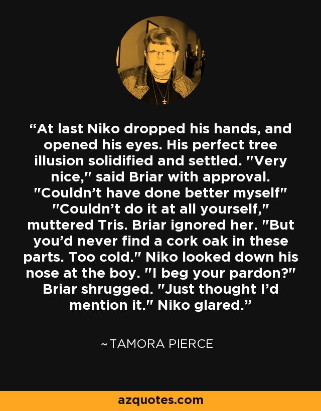 At last Niko dropped his hands, and opened his eyes. His perfect tree illusion solidified and settled. 