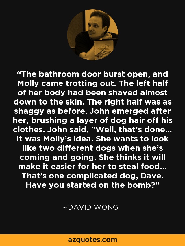 The bathroom door burst open, and Molly came trotting out. The left half of her body had been shaved almost down to the skin. The right half was as shaggy as before. John emerged after her, brushing a layer of dog hair off his clothes. John said, 