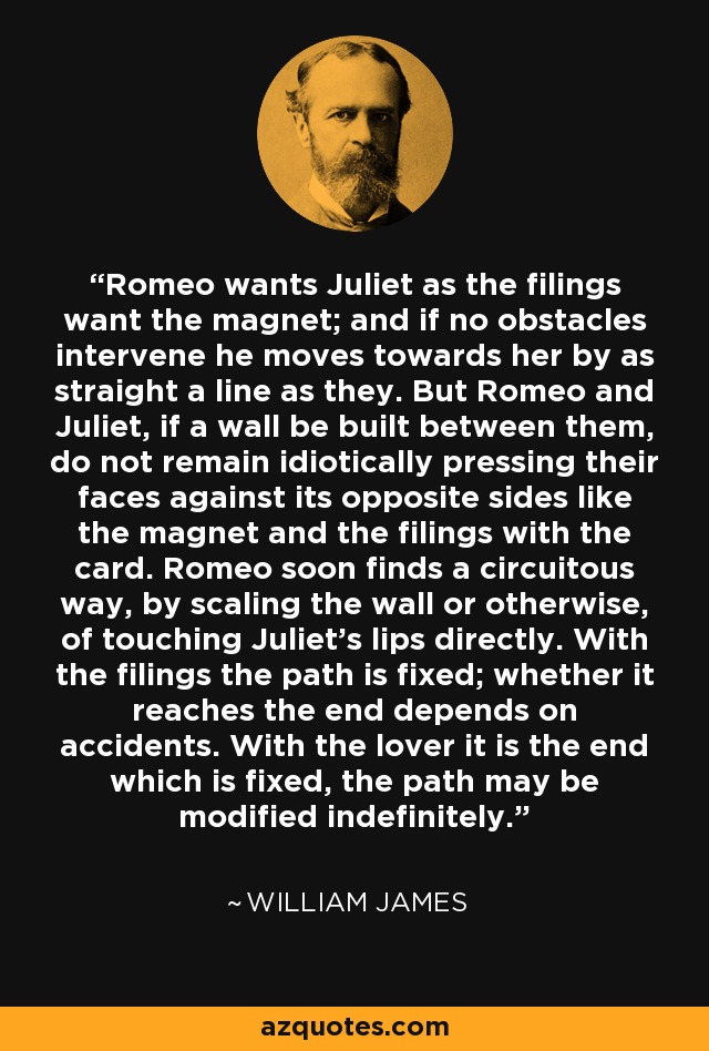 Romeo wants Juliet as the filings want the magnet; and if no obstacles intervene he moves towards her by as straight a line as they. But Romeo and Juliet, if a wall be built between them, do not remain idiotically pressing their faces against its opposite sides like the magnet and the filings with the card. Romeo soon finds a circuitous way, by scaling the wall or otherwise, of touching Juliet's lips directly. With the filings the path is fixed; whether it reaches the end depends on accidents. With the lover it is the end which is fixed, the path may be modified indefinitely. - William James