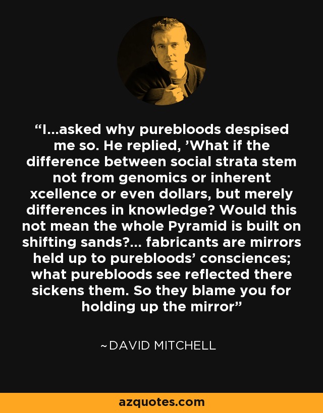 I...asked why purebloods despised me so. He replied, 'What if the difference between social strata stem not from genomics or inherent xcellence or even dollars, but merely differences in knowledge? Would this not mean the whole Pyramid is built on shifting sands?... fabricants are mirrors held up to purebloods' consciences; what purebloods see reflected there sickens them. So they blame you for holding up the mirror - David Mitchell