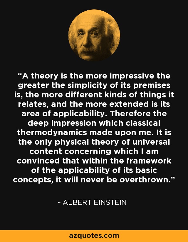 A theory is the more impressive the greater the simplicity of its premises is, the more different kinds of things it relates, and the more extended is its area of applicability. Therefore the deep impression which classical thermodynamics made upon me. It is the only physical theory of universal content concerning which I am convinced that within the framework of the applicability of its basic concepts, it will never be overthrown. - Albert Einstein