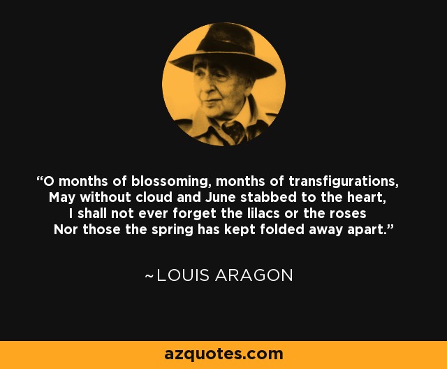 O months of blossoming, months of transfigurations, May without cloud and June stabbed to the heart, I shall not ever forget the lilacs or the roses Nor those the spring has kept folded away apart. - Louis Aragon