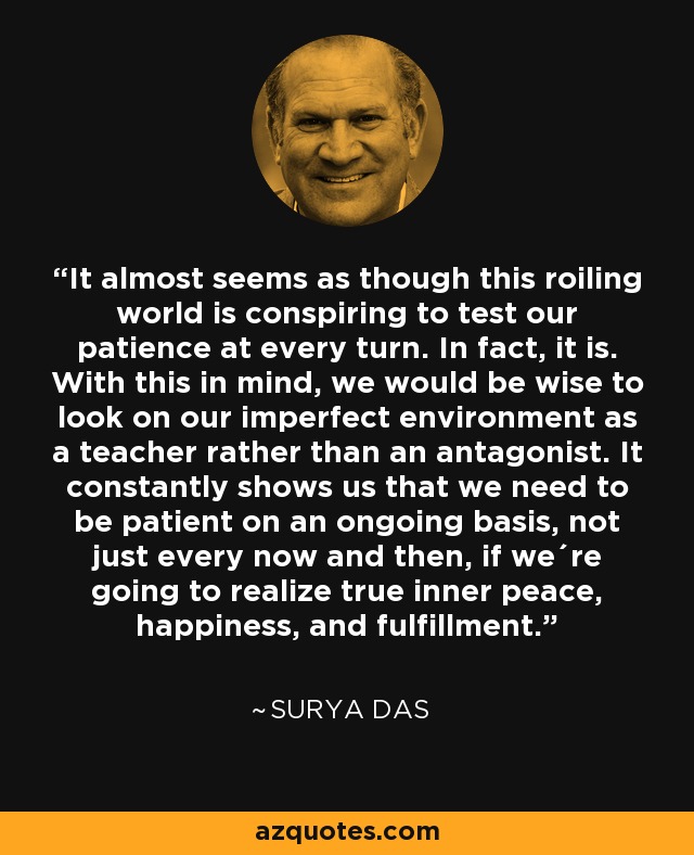 It almost seems as though this roiling world is conspiring to test our patience at every turn. In fact, it is. With this in mind, we would be wise to look on our imperfect environment as a teacher rather than an antagonist. It constantly shows us that we need to be patient on an ongoing basis, not just every now and then, if we´re going to realize true inner peace, happiness, and fulfillment. - Surya Das