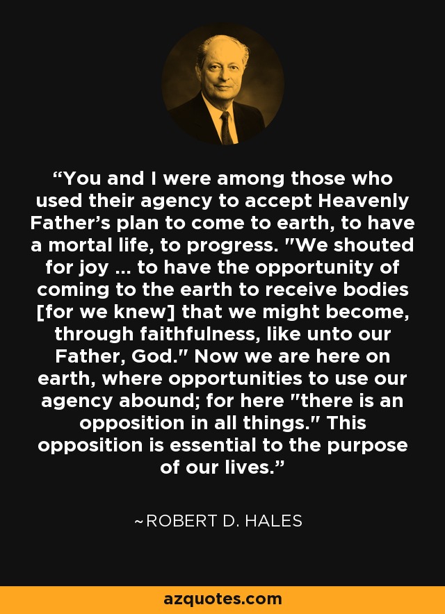 You and I were among those who used their agency to accept Heavenly Father's plan to come to earth, to have a mortal life, to progress. 