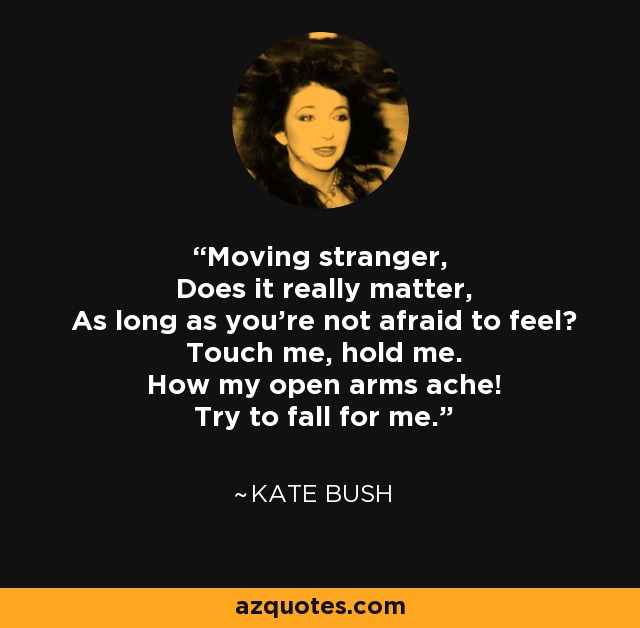 Moving stranger, Does it really matter, As long as you're not afraid to feel? Touch me, hold me. How my open arms ache! Try to fall for me. - Kate Bush