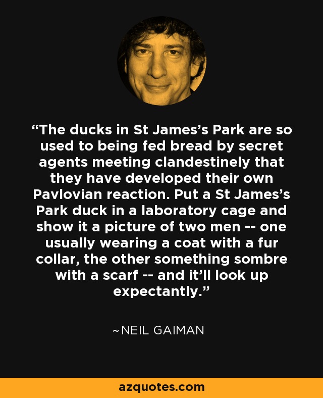 The ducks in St James's Park are so used to being fed bread by secret agents meeting clandestinely that they have developed their own Pavlovian reaction. Put a St James's Park duck in a laboratory cage and show it a picture of two men -- one usually wearing a coat with a fur collar, the other something sombre with a scarf -- and it'll look up expectantly. - Neil Gaiman