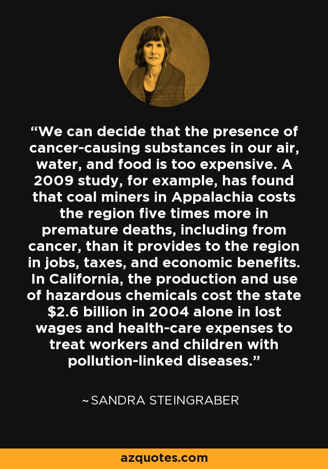 We can decide that the presence of cancer-causing substances in our air, water, and food is too expensive. A 2009 study, for example, has found that coal miners in Appalachia costs the region five times more in premature deaths, including from cancer, than it provides to the region in jobs, taxes, and economic benefits. In California, the production and use of hazardous chemicals cost the state $2.6 billion in 2004 alone in lost wages and health-care expenses to treat workers and children with pollution-linked diseases. - Sandra Steingraber