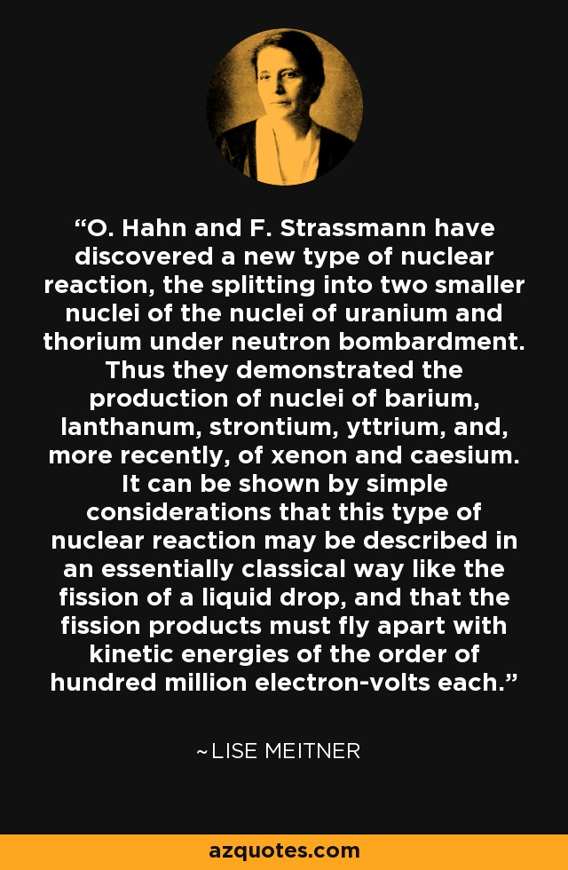 O. Hahn and F. Strassmann have discovered a new type of nuclear reaction, the splitting into two smaller nuclei of the nuclei of uranium and thorium under neutron bombardment. Thus they demonstrated the production of nuclei of barium, lanthanum, strontium, yttrium, and, more recently, of xenon and caesium. It can be shown by simple considerations that this type of nuclear reaction may be described in an essentially classical way like the fission of a liquid drop, and that the fission products must fly apart with kinetic energies of the order of hundred million electron-volts each. - Lise Meitner
