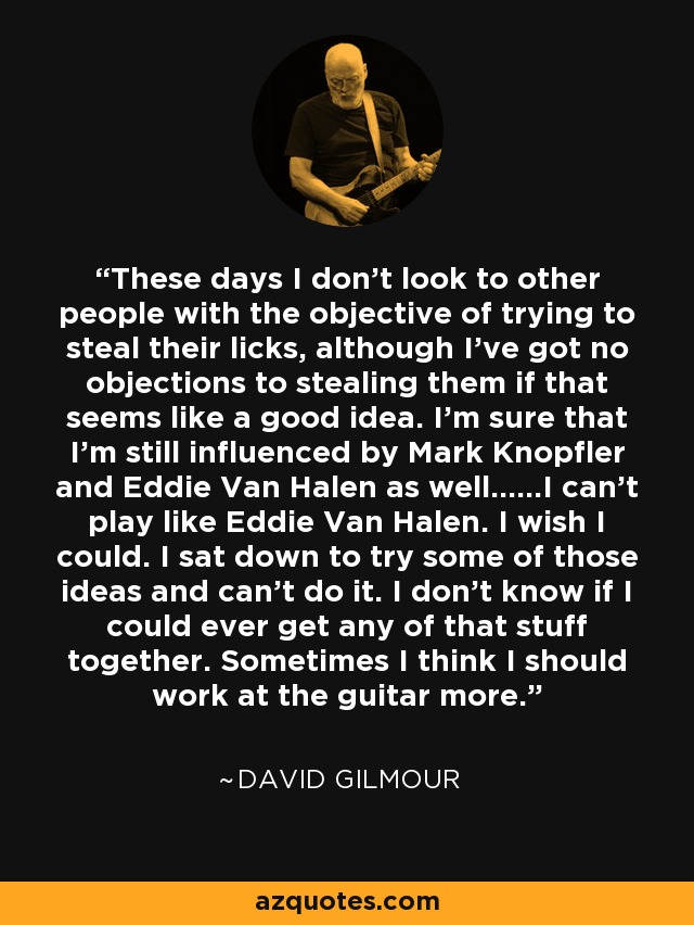 These days I don't look to other people with the objective of trying to steal their licks, although I've got no objections to stealing them if that seems like a good idea. I'm sure that I'm still influenced by Mark Knopfler and Eddie Van Halen as well......I can't play like Eddie Van Halen. I wish I could. I sat down to try some of those ideas and can't do it. I don't know if I could ever get any of that stuff together. Sometimes I think I should work at the guitar more. - David Gilmour