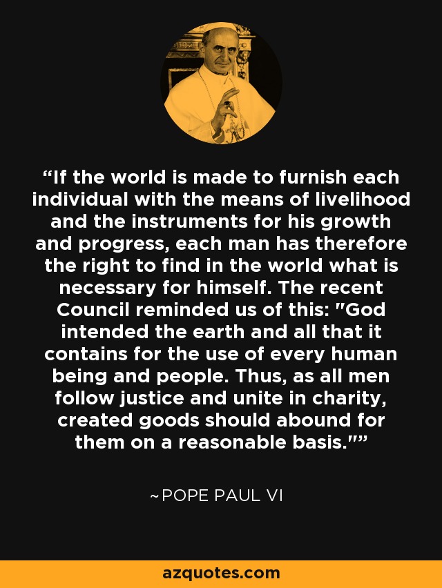 If the world is made to furnish each individual with the means of livelihood and the instruments for his growth and progress, each man has therefore the right to find in the world what is necessary for himself. The recent Council reminded us of this: 
