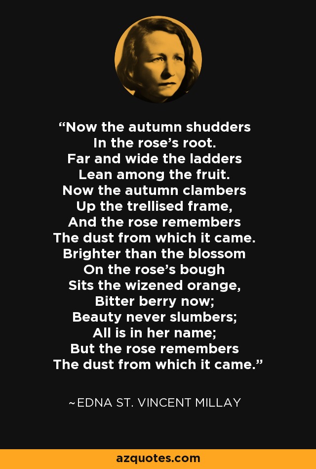 Now the autumn shudders In the rose's root. Far and wide the ladders Lean among the fruit. Now the autumn clambers Up the trellised frame, And the rose remembers The dust from which it came. Brighter than the blossom On the rose's bough Sits the wizened orange, Bitter berry now; Beauty never slumbers; All is in her name; But the rose remembers The dust from which it came. - Edna St. Vincent Millay