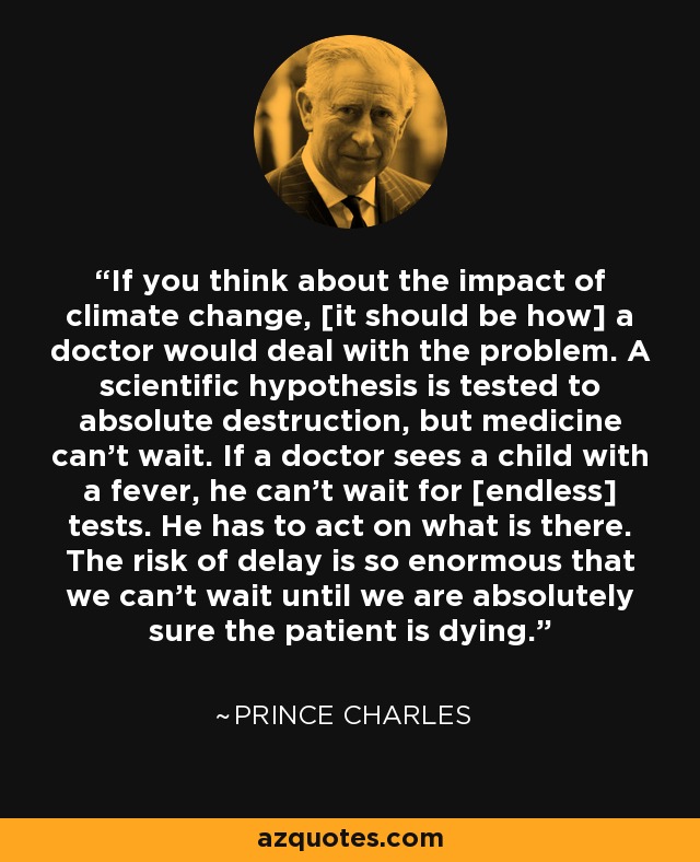 If you think about the impact of climate change, [it should be how] a doctor would deal with the problem. A scientific hypothesis is tested to absolute destruction, but medicine can't wait. If a doctor sees a child with a fever, he can't wait for [endless] tests. He has to act on what is there. The risk of delay is so enormous that we can't wait until we are absolutely sure the patient is dying. - Prince Charles