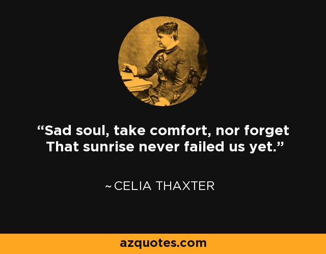 Sad soul, take comfort, nor forget That sunrise never failed us yet. - Celia Thaxter