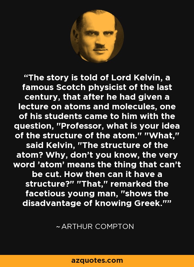 The story is told of Lord Kelvin, a famous Scotch physicist of the last century, that after he had given a lecture on atoms and molecules, one of his students came to him with the question, 
