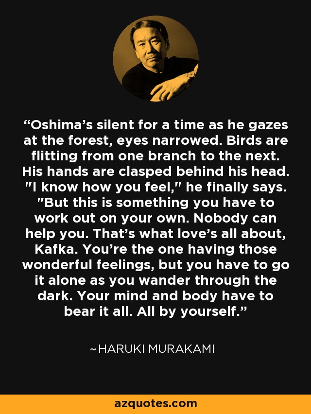 Oshima's silent for a time as he gazes at the forest, eyes narrowed. Birds are flitting from one branch to the next. His hands are clasped behind his head. 