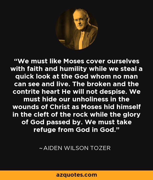 We must like Moses cover ourselves with faith and humility while we steal a quick look at the God whom no man can see and live. The broken and the contrite heart He will not despise. We must hide our unholiness in the wounds of Christ as Moses hid himself in the cleft of the rock while the glory of God passed by. We must take refuge from God in God. - Aiden Wilson Tozer