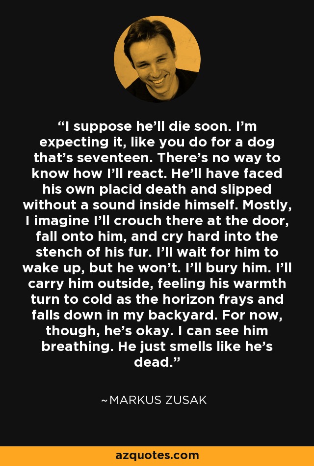 I suppose he'll die soon. I'm expecting it, like you do for a dog that's seventeen. There's no way to know how I'll react. He'll have faced his own placid death and slipped without a sound inside himself. Mostly, I imagine I'll crouch there at the door, fall onto him, and cry hard into the stench of his fur. I'll wait for him to wake up, but he won't. I'll bury him. I'll carry him outside, feeling his warmth turn to cold as the horizon frays and falls down in my backyard. For now, though, he's okay. I can see him breathing. He just smells like he's dead. - Markus Zusak