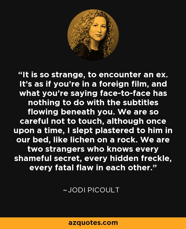 It is so strange, to encounter an ex. It's as if you're in a foreign film, and what you're saying face-to-face has nothing to do with the subtitles flowing beneath you. We are so careful not to touch, although once upon a time, I slept plastered to him in our bed, like lichen on a rock. We are two strangers who knows every shameful secret, every hidden freckle, every fatal flaw in each other. - Jodi Picoult