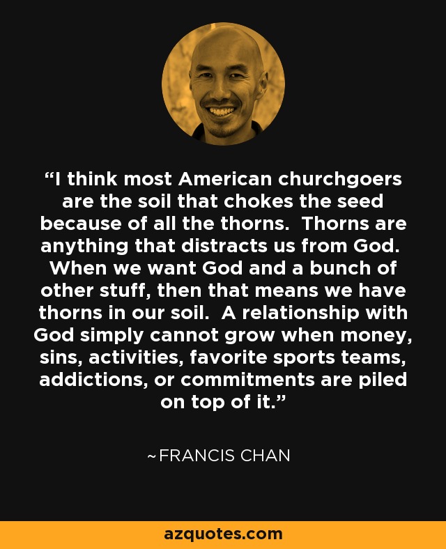 I think most American churchgoers are the soil that chokes the seed because of all the thorns. Thorns are anything that distracts us from God. When we want God and a bunch of other stuff, then that means we have thorns in our soil. A relationship with God simply cannot grow when money, sins, activities, favorite sports teams, addictions, or commitments are piled on top of it. - Francis Chan