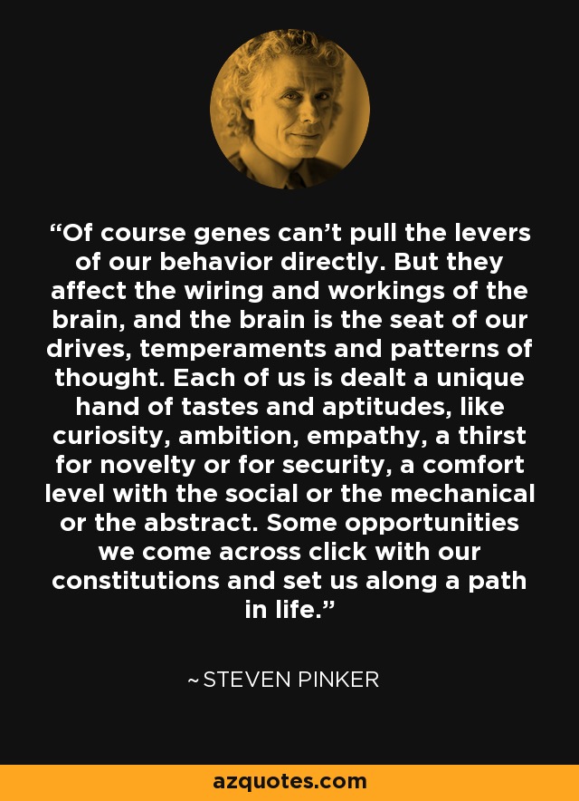 Of course genes can’t pull the levers of our behavior directly. But they affect the wiring and workings of the brain, and the brain is the seat of our drives, temperaments and patterns of thought. Each of us is dealt a unique hand of tastes and aptitudes, like curiosity, ambition, empathy, a thirst for novelty or for security, a comfort level with the social or the mechanical or the abstract. Some opportunities we come across click with our constitutions and set us along a path in life. - Steven Pinker