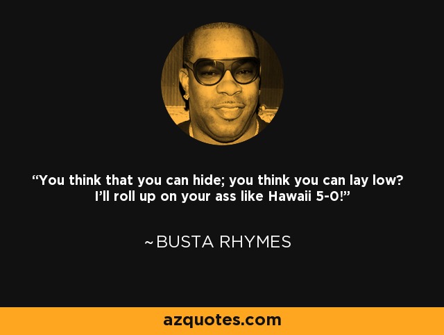 You think that you can hide; you think you can lay low? I'll roll up on your ass like Hawaii 5-0! - Busta Rhymes