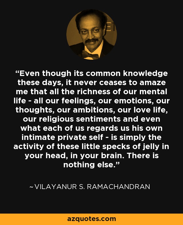 Even though its common knowledge these days, it never ceases to amaze me that all the richness of our mental life - all our feelings, our emotions, our thoughts, our ambitions, our love life, our religious sentiments and even what each of us regards us his own intimate private self - is simply the activity of these little specks of jelly in your head, in your brain. There is nothing else. - Vilayanur S. Ramachandran