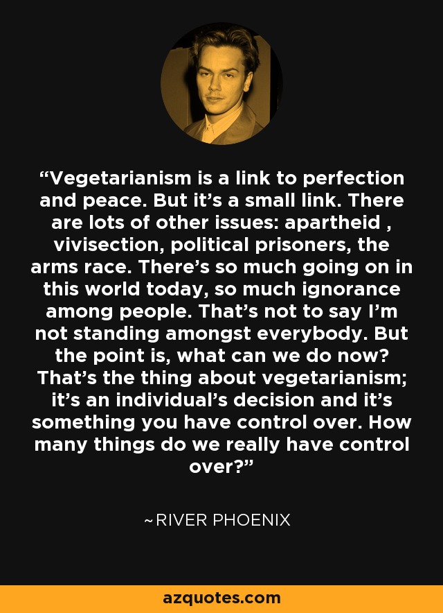 Vegetarianism is a link to perfection and peace. But it's a small link. There are lots of other issues: apartheid , vivisection, political prisoners, the arms race. There's so much going on in this world today, so much ignorance among people. That's not to say I'm not standing amongst everybody. But the point is, what can we do now? That's the thing about vegetarianism; it's an individual's decision and it's something you have control over. How many things do we really have control over? - River Phoenix