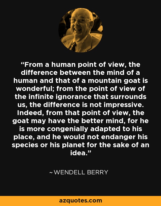 From a human point of view, the difference between the mind of a human and that of a mountain goat is wonderful; from the point of view of the infinite ignorance that surrounds us, the difference is not impressive. Indeed, from that point of view, the goat may have the better mind, for he is more congenially adapted to his place, and he would not endanger his species or his planet for the sake of an idea. - Wendell Berry
