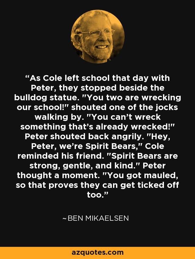As Cole left school that day with Peter, they stopped beside the bulldog statue. 