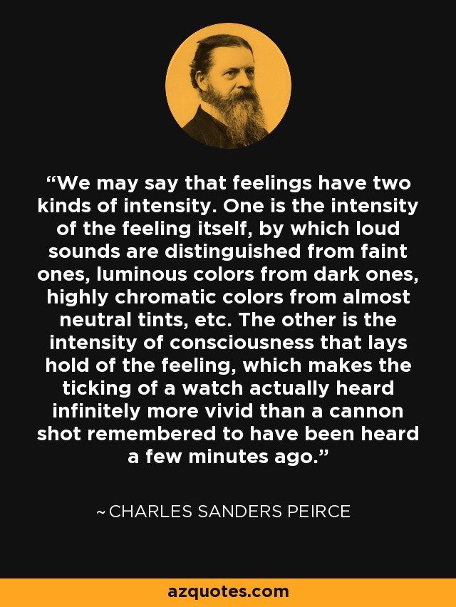 We may say that feelings have two kinds of intensity. One is the intensity of the feeling itself, by which loud sounds are distinguished from faint ones, luminous colors from dark ones, highly chromatic colors from almost neutral tints, etc. The other is the intensity of consciousness that lays hold of the feeling, which makes the ticking of a watch actually heard infinitely more vivid than a cannon shot remembered to have been heard a few minutes ago. - Charles Sanders Peirce