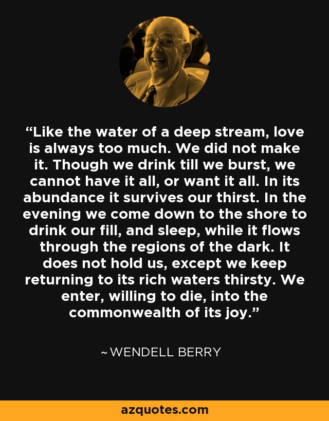 Like the water of a deep stream, love is always too much. We did not make it. Though we drink till we burst, we cannot have it all, or want it all. In its abundance it survives our thirst. In the evening we come down to the shore to drink our fill, and sleep, while it flows through the regions of the dark. It does not hold us, except we keep returning to its rich waters thirsty. We enter, willing to die, into the commonwealth of its joy. - Wendell Berry